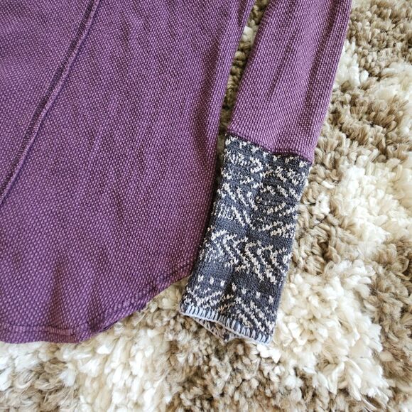 Free People Purple Ski Lodge Newbie Thermal Henley Top Crochet Cuffs Size L Boho - Picture 8 of 9